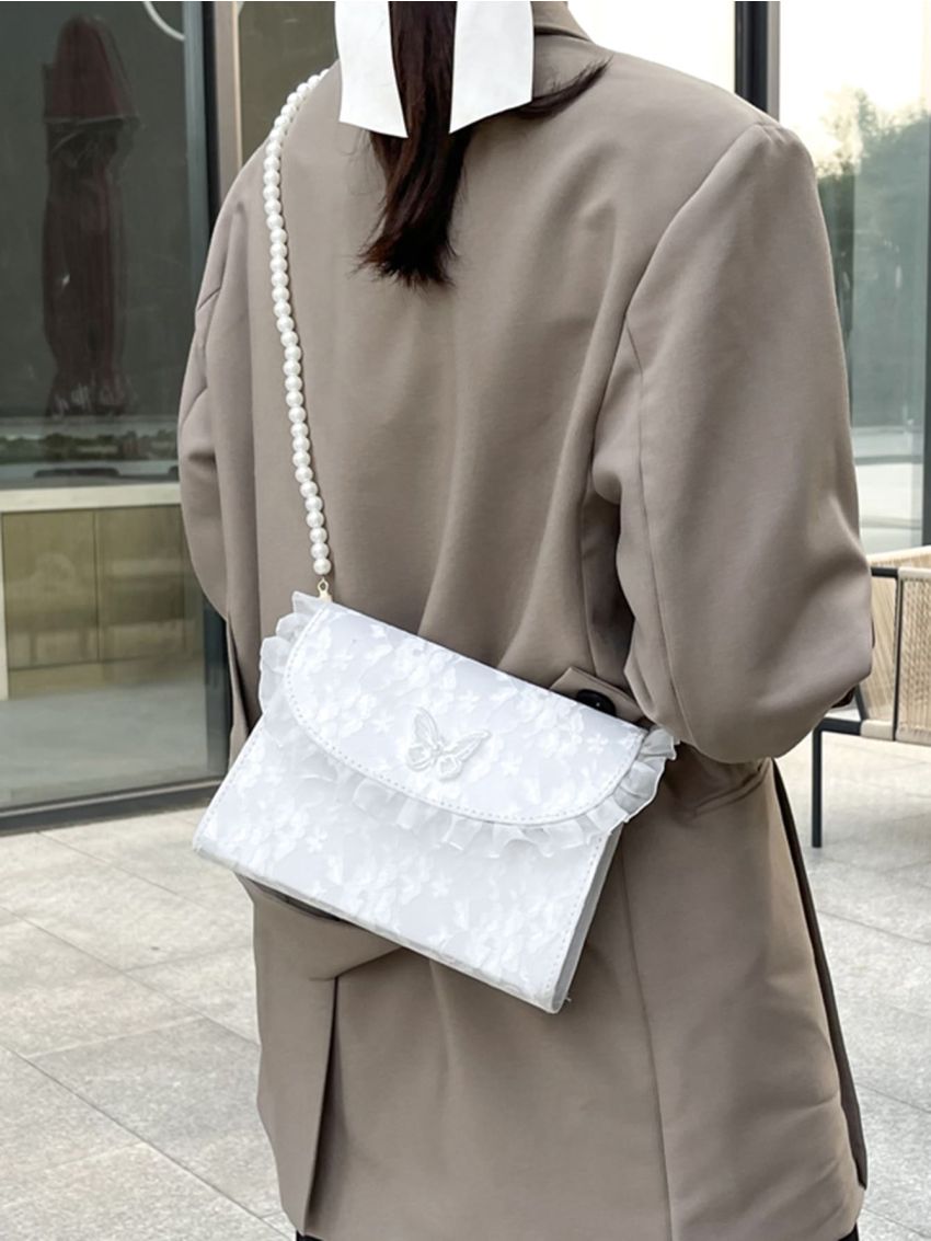 Butterfly Appliques Faux Pearl Decor Frill Trim Square Bag