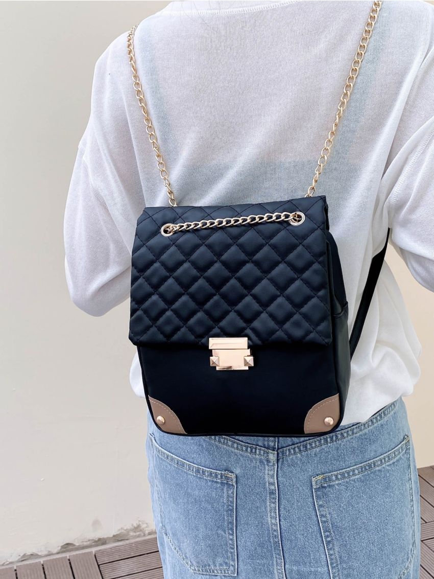 Quilted Chain Decor Flap Backpack