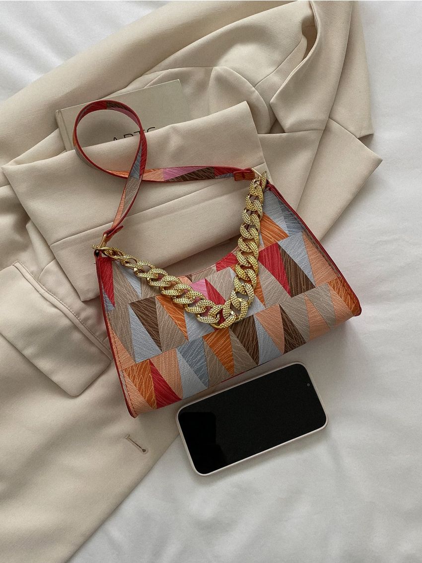 Geometric Pattern Chain Baguette Bag