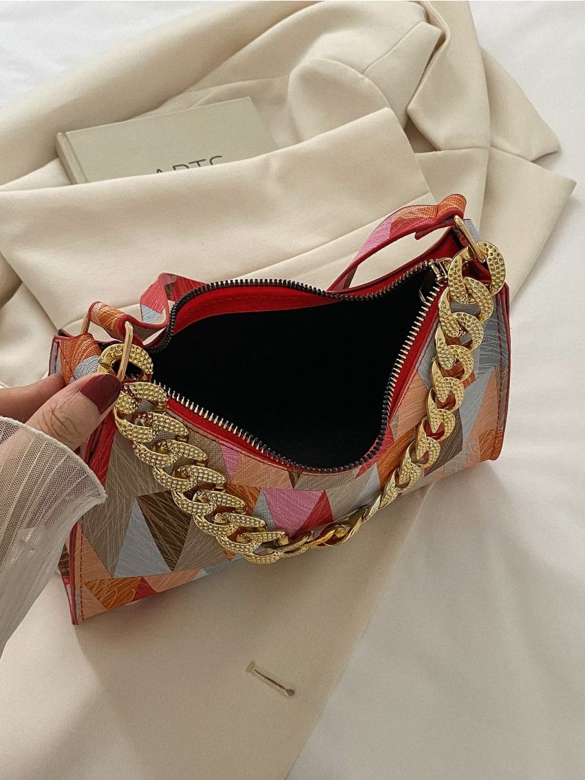 Geometric Pattern Chain Baguette Bag