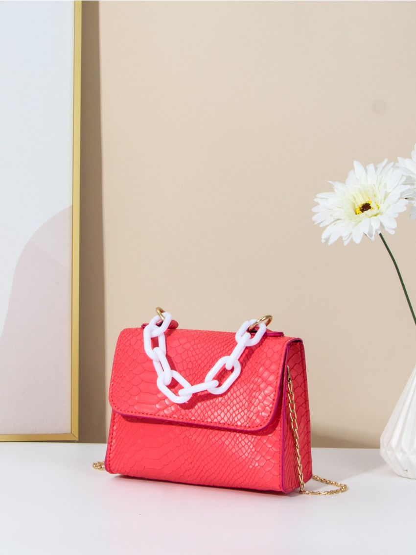 Mini Neon-Pink Snakeskin Embossed Chain Decor Flap Square Bag