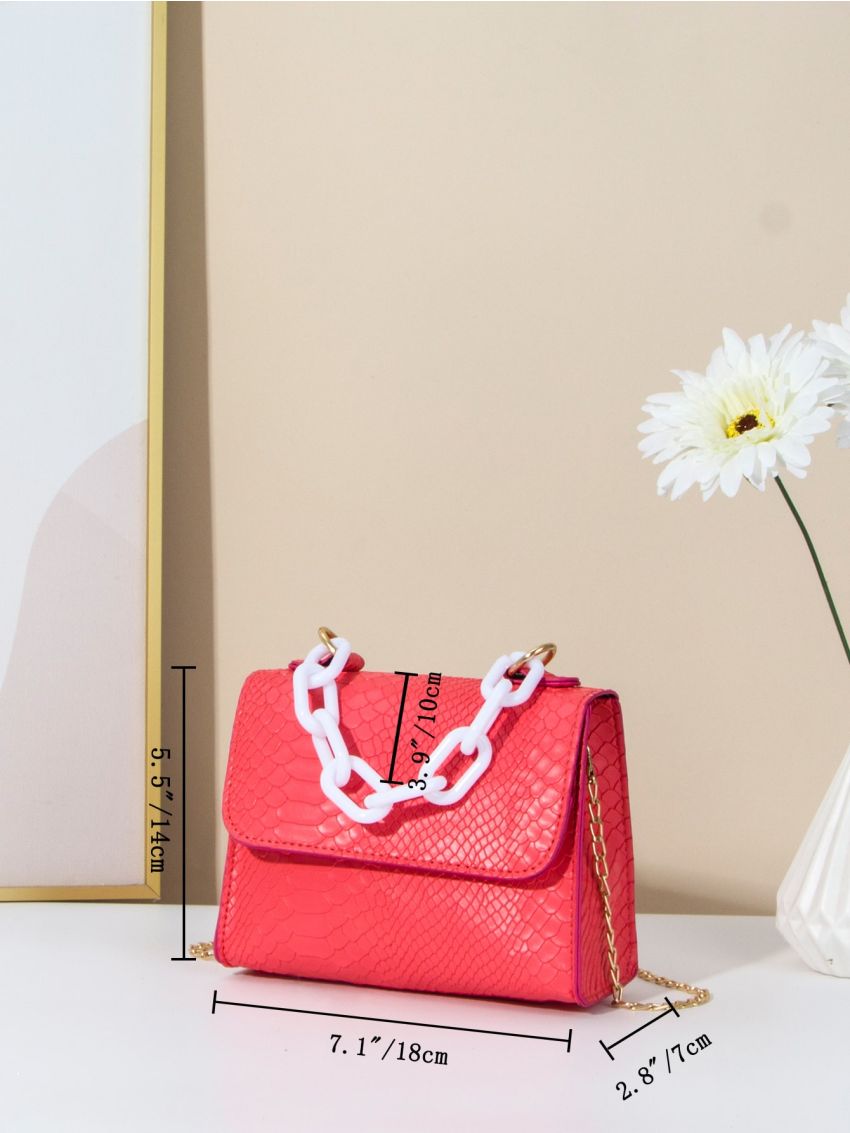 Mini Neon-Pink Snakeskin Embossed Chain Decor Flap Square Bag