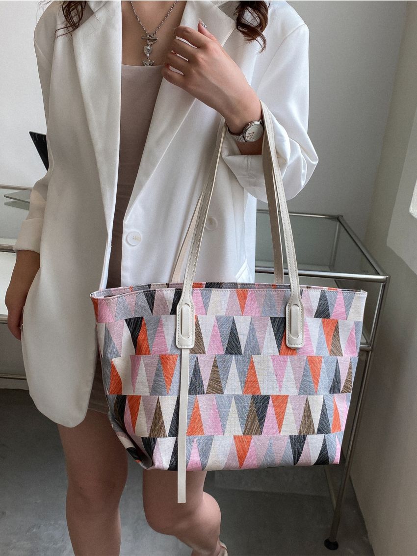 Color Block Geometric Print Shoulder Tote Bag