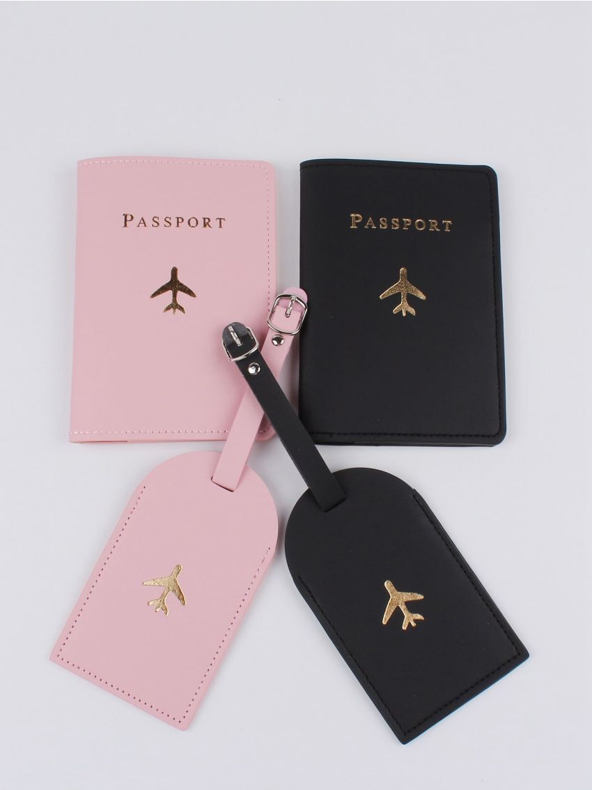 2pcs Metallic Letter Graphic Passport Case & 2pcs Luggage Tag