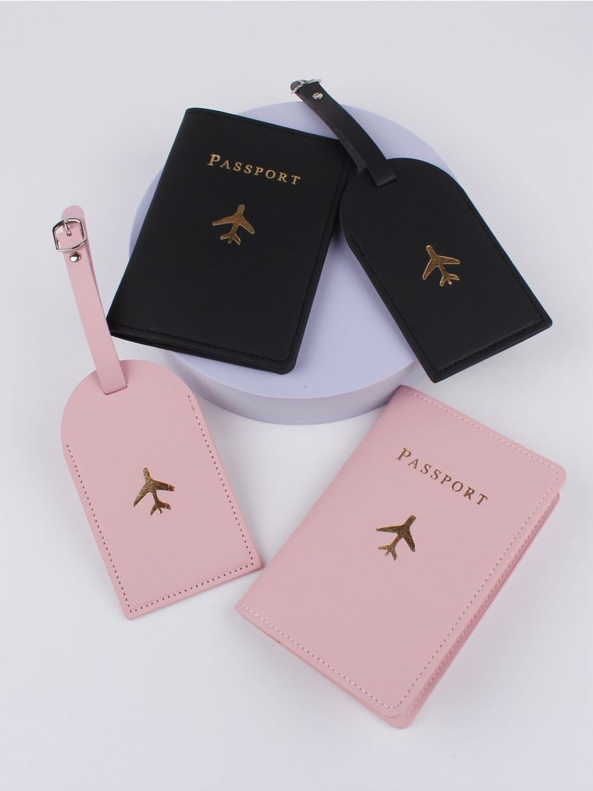 2pcs Metallic Letter Graphic Passport Case & 2pcs Luggage Tag