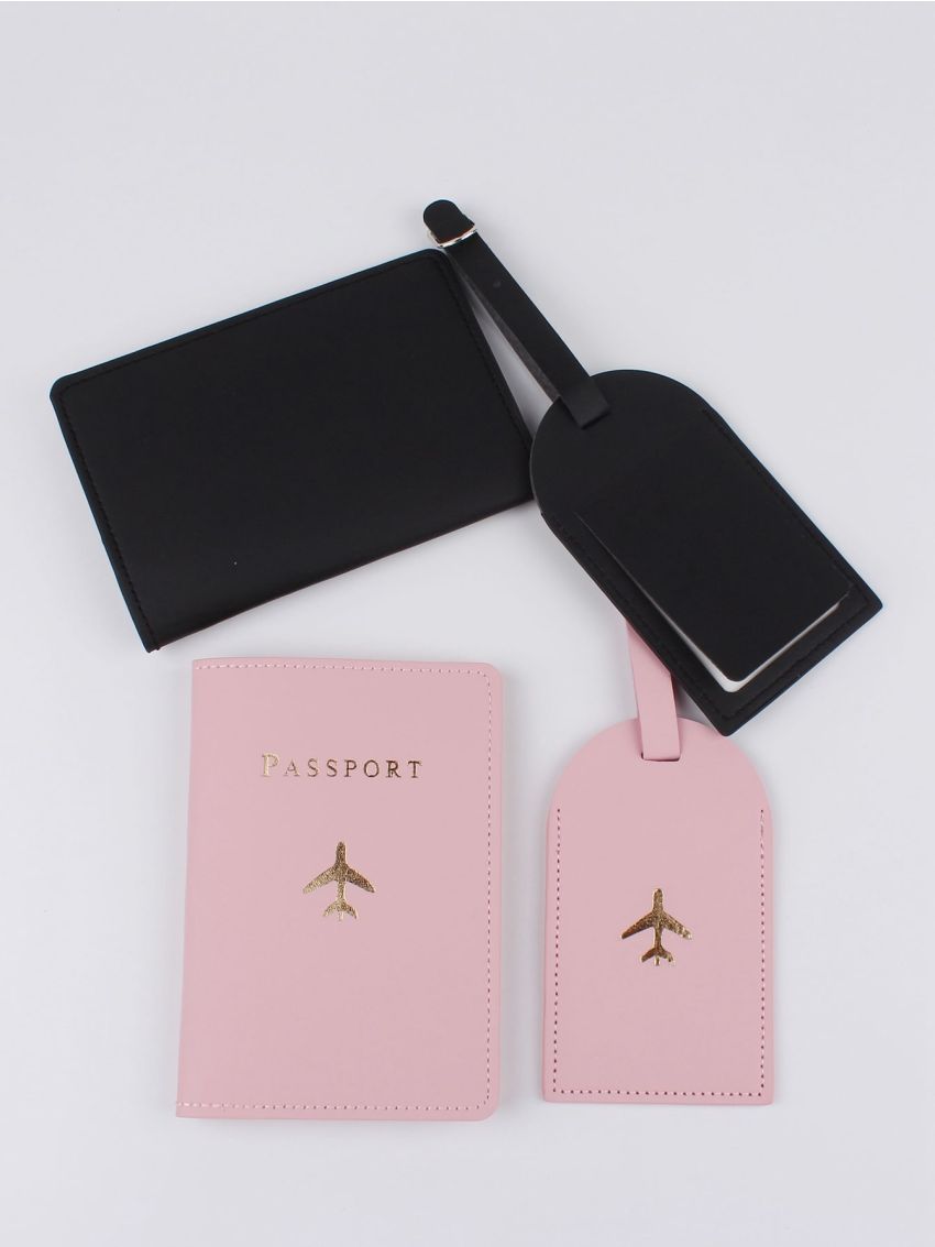2pcs Metallic Letter Graphic Passport Case & 2pcs Luggage Tag