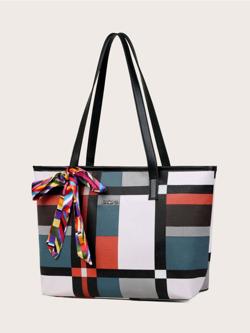Twilly Scarf Decor Plaid Tote Bag