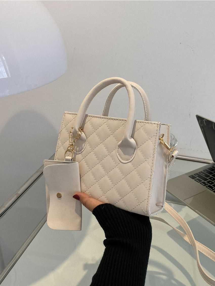 Argyle Quilted Double Handle Square Bag With Coin Purse