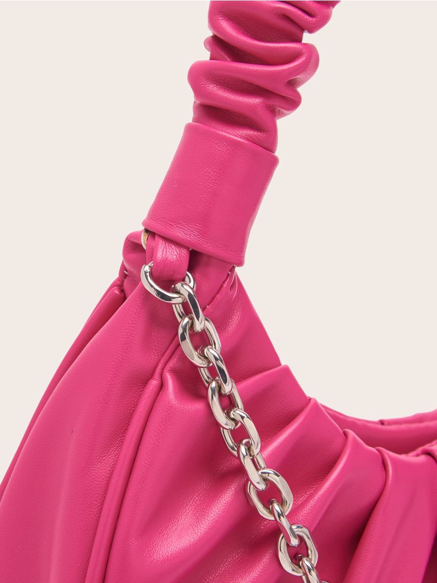 Neon-Pink Chain Decor Ruched Bag