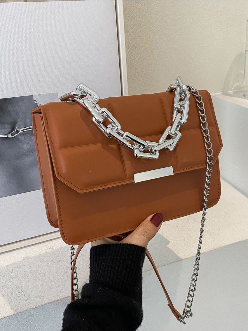 Embossed Detail Chain Flap Square Bag