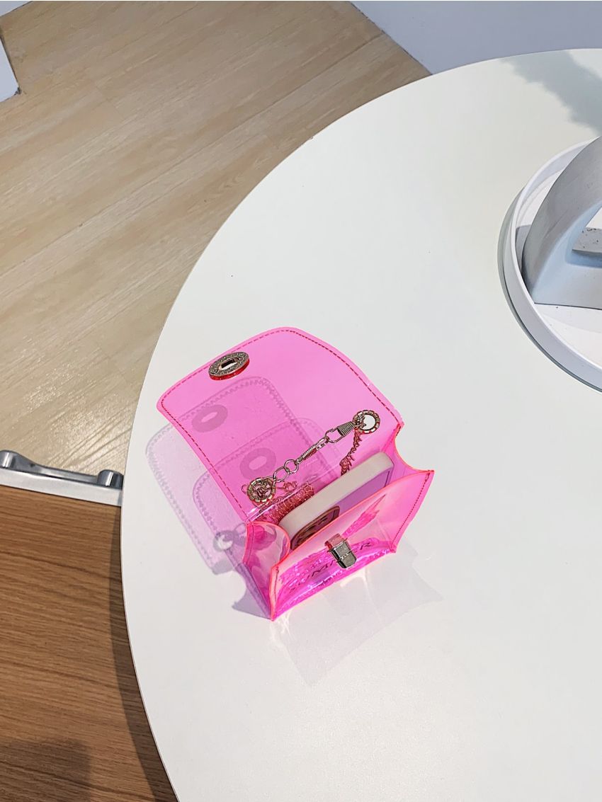 Letter Print Phone Wallet Neon Pink Chain Strap