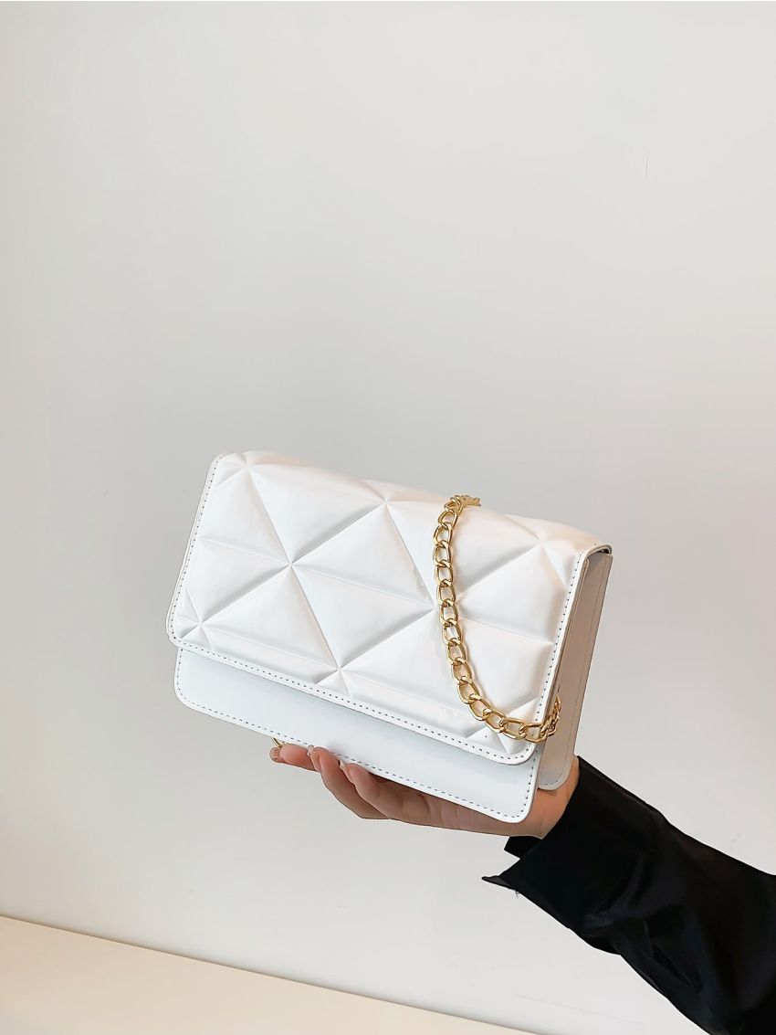 Embossed Detail Chain Flap Square Bag
