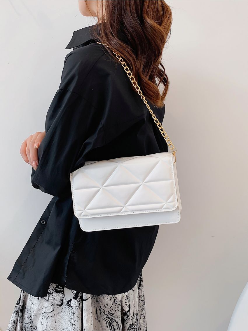 Embossed Detail Chain Flap Square Bag