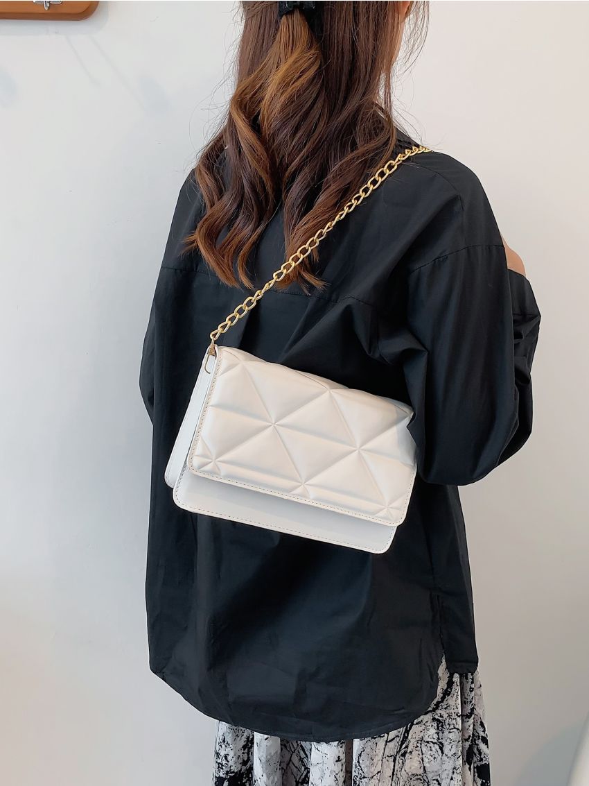 Embossed Detail Chain Flap Square Bag