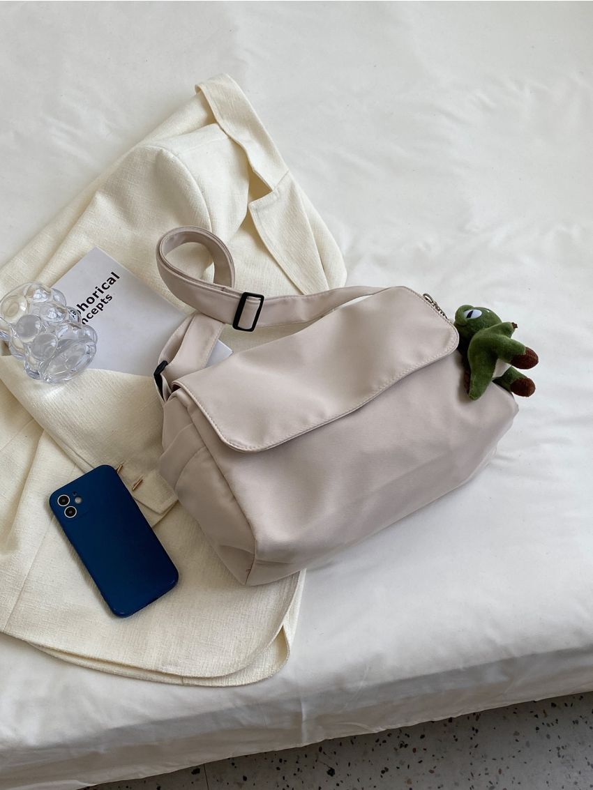 Minimalist Flap Square Bag With Cartoon Bag Charm