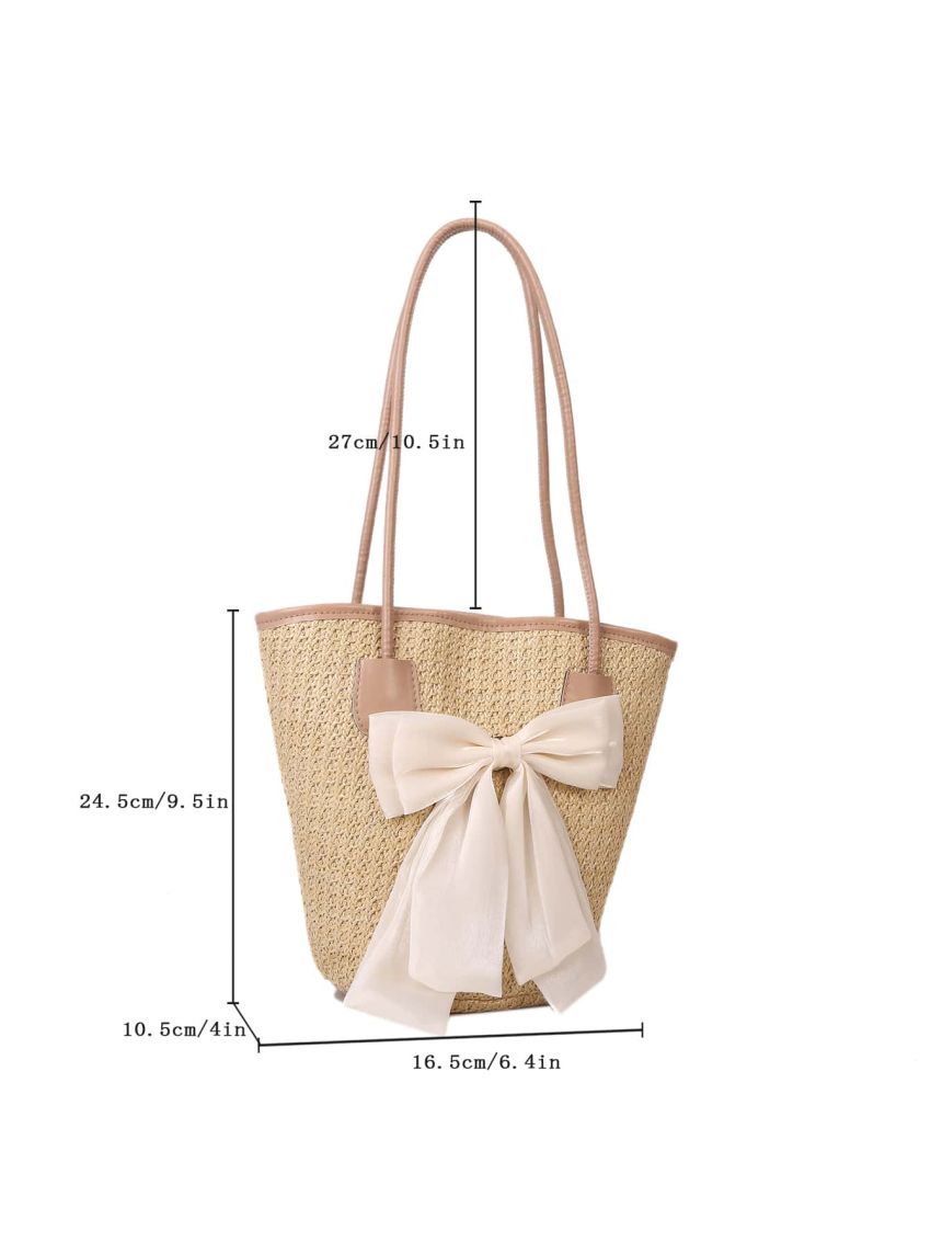 Bow Decor Contrast Binding Straw Bag