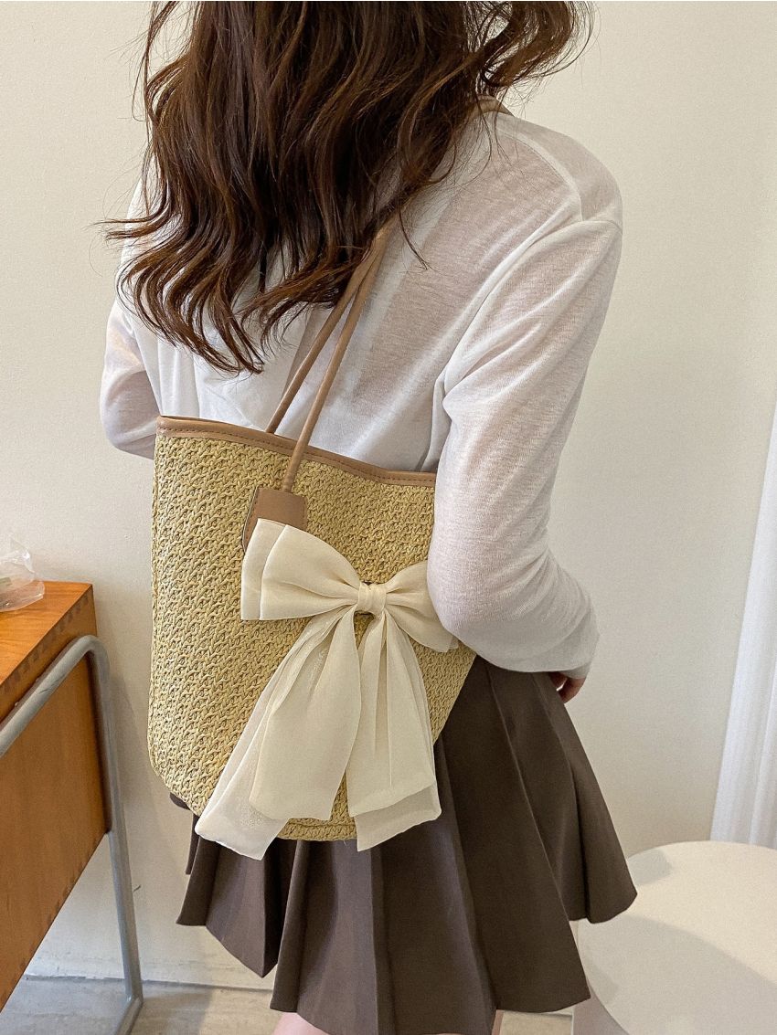 Bow Decor Contrast Binding Straw Bag