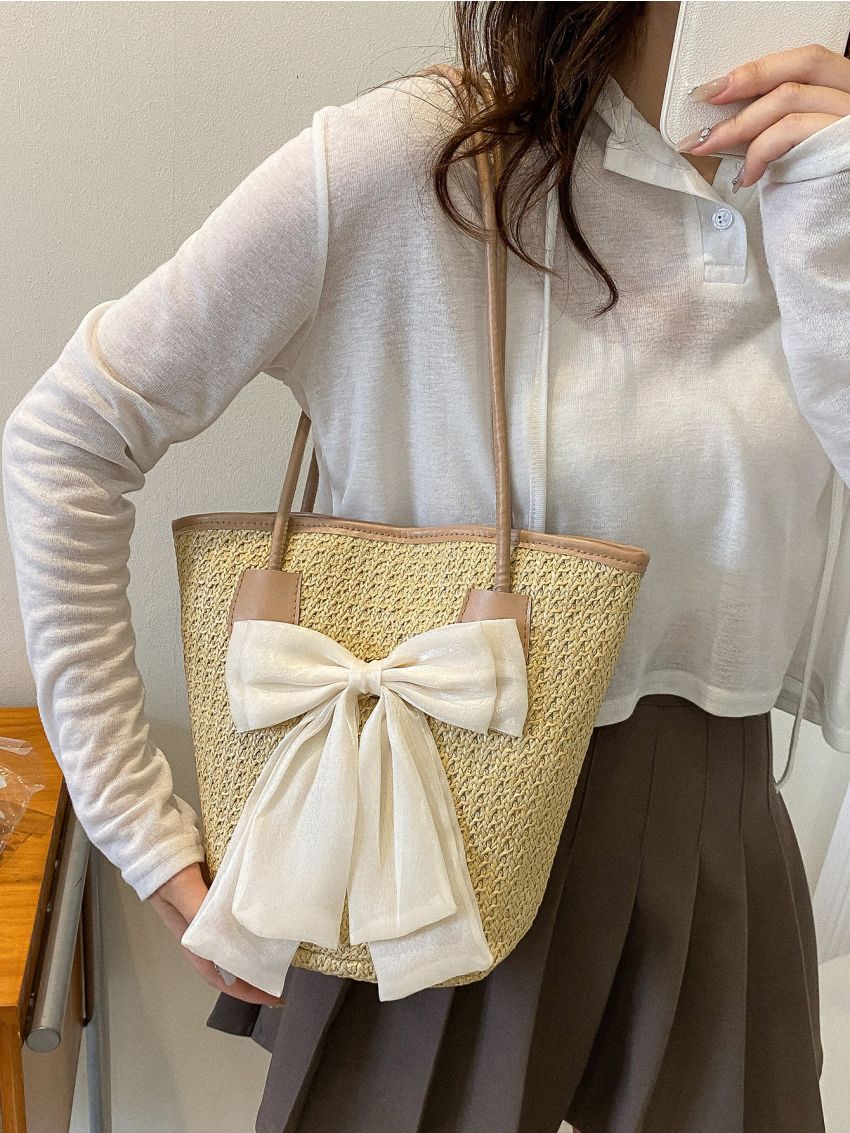 Bow Decor Contrast Binding Straw Bag