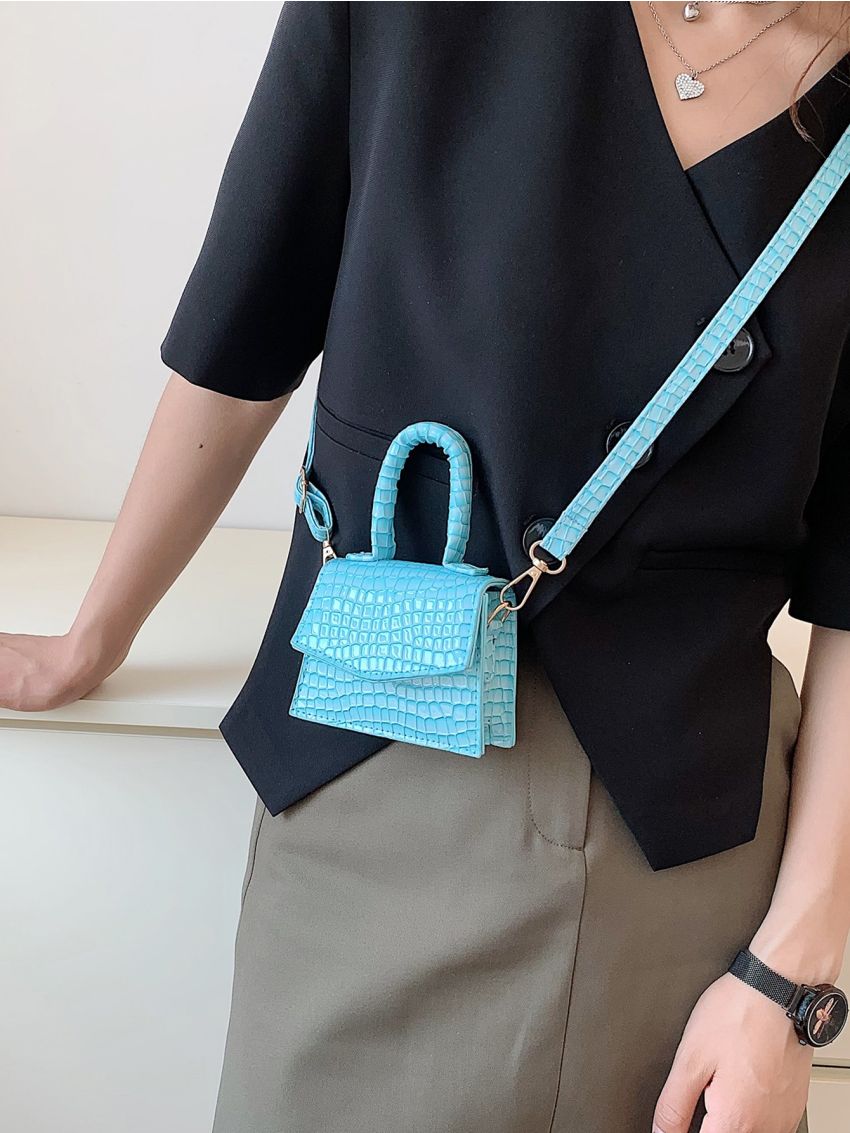 Mini Crocodile Embossed Top Handle Flap Square Bag