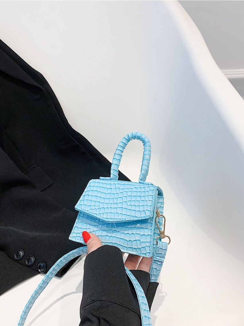 Mini Crocodile Embossed Top Handle Flap Square Bag
