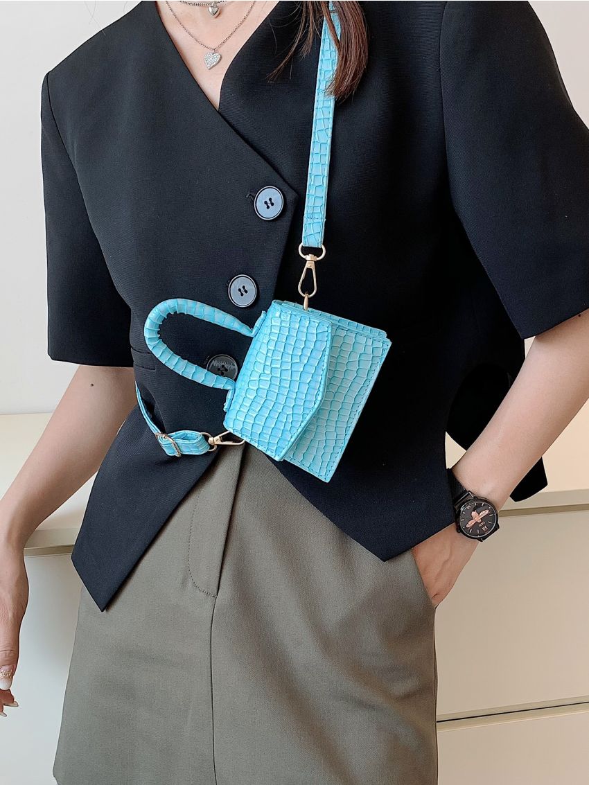 Mini Crocodile Embossed Top Handle Flap Square Bag