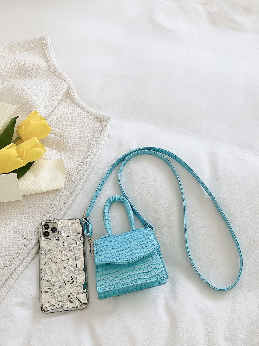 Mini Crocodile Embossed Top Handle Flap Square Bag
