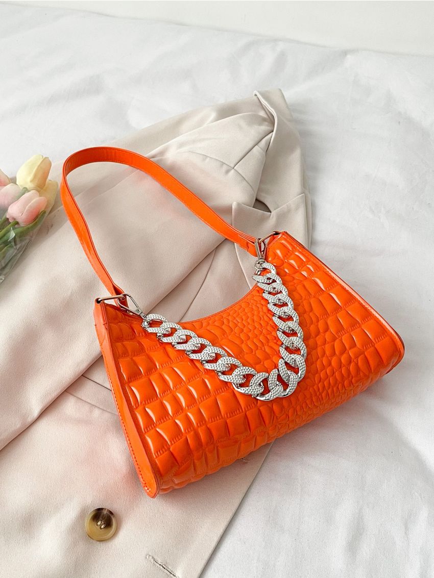 Neon Crocodile Embossed Chain Decor Baguette Bag