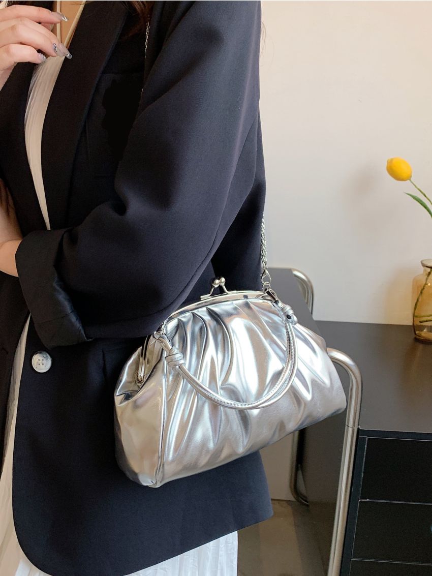 Metallic Kiss Lock Chain Ruched Bag