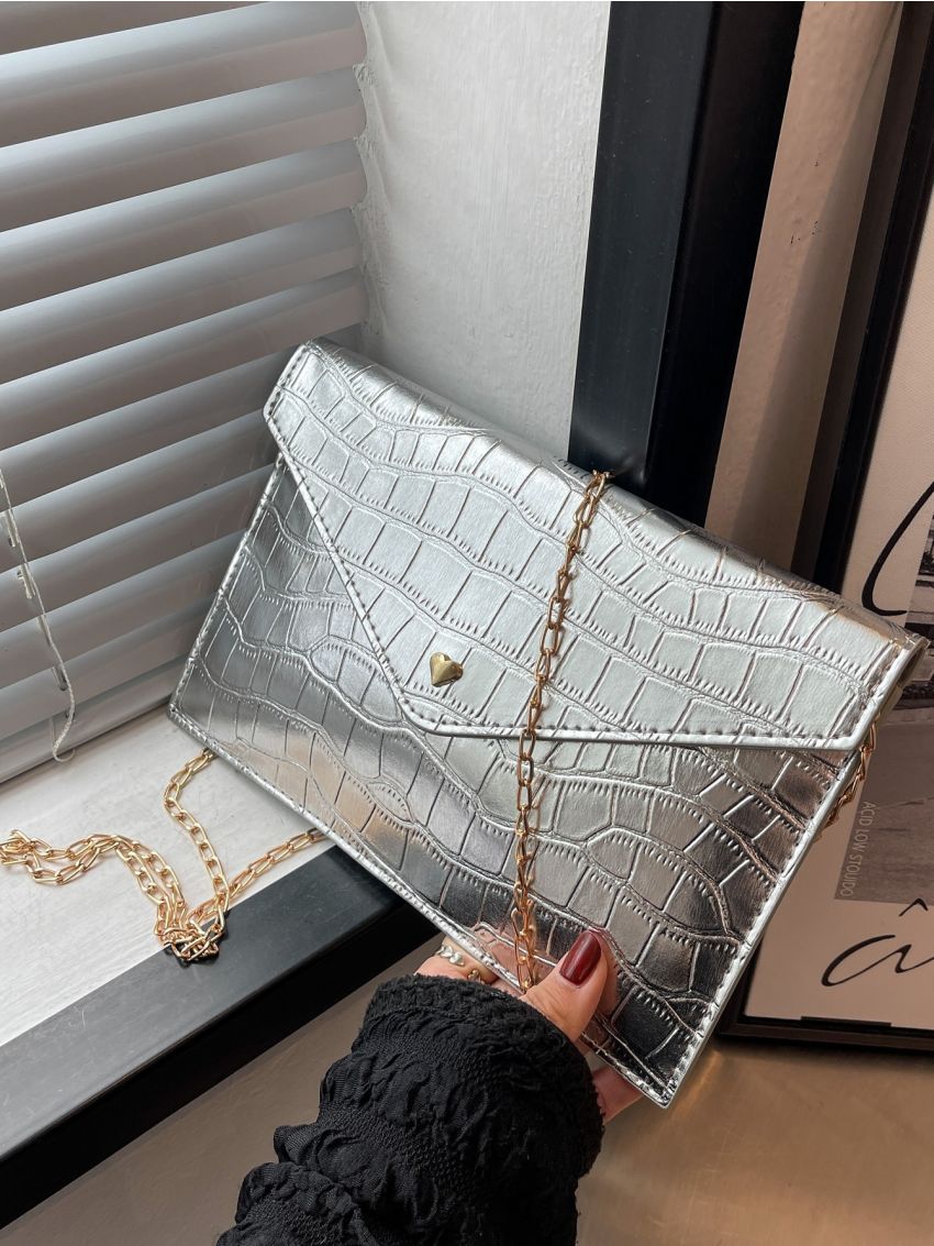 Metallic Crocodile Embossed Chain Flap Square Bag