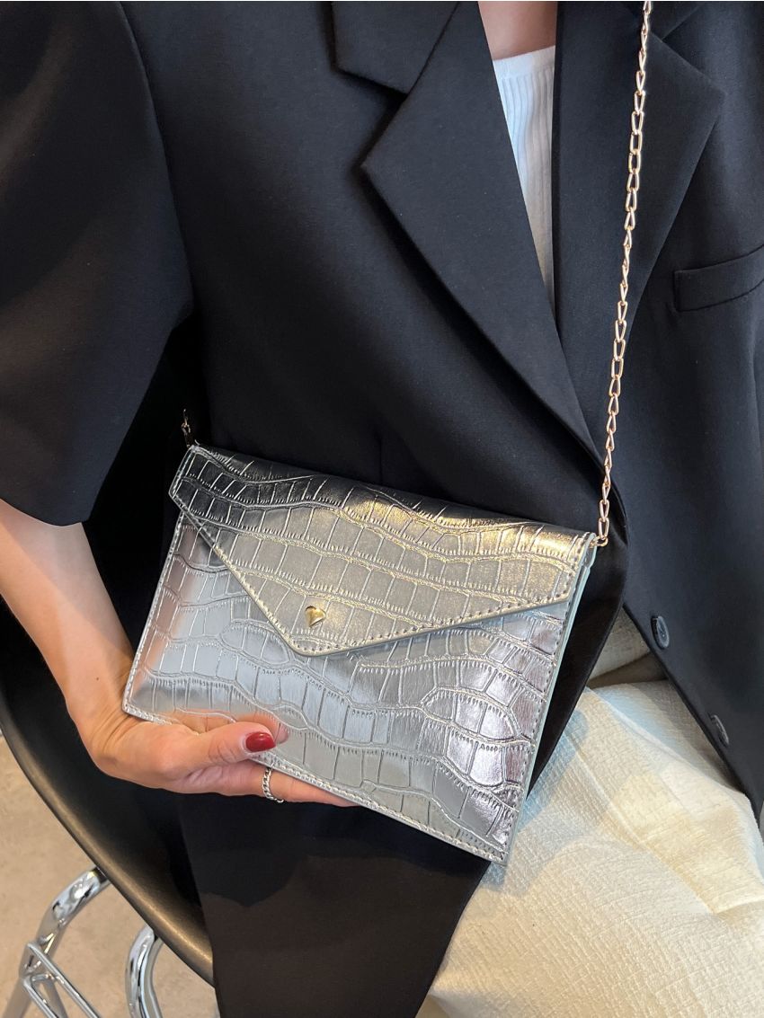 Metallic Crocodile Embossed Chain Flap Square Bag