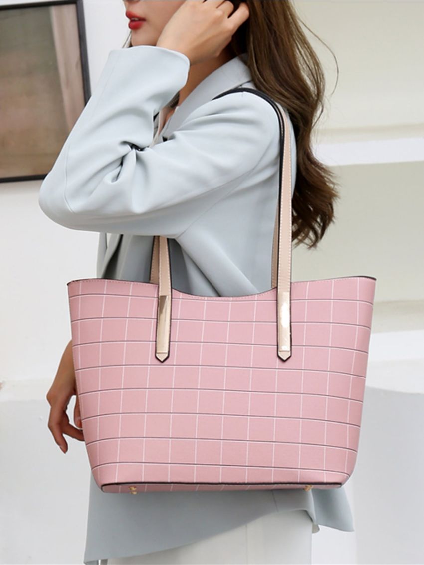 4pcs Grid Print Tassel Decor Tote Bag Set, Best Work Bag For Women