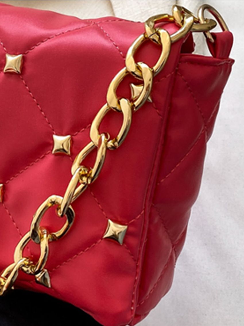 Quilted Studded Decor Chain Flap Square Bag