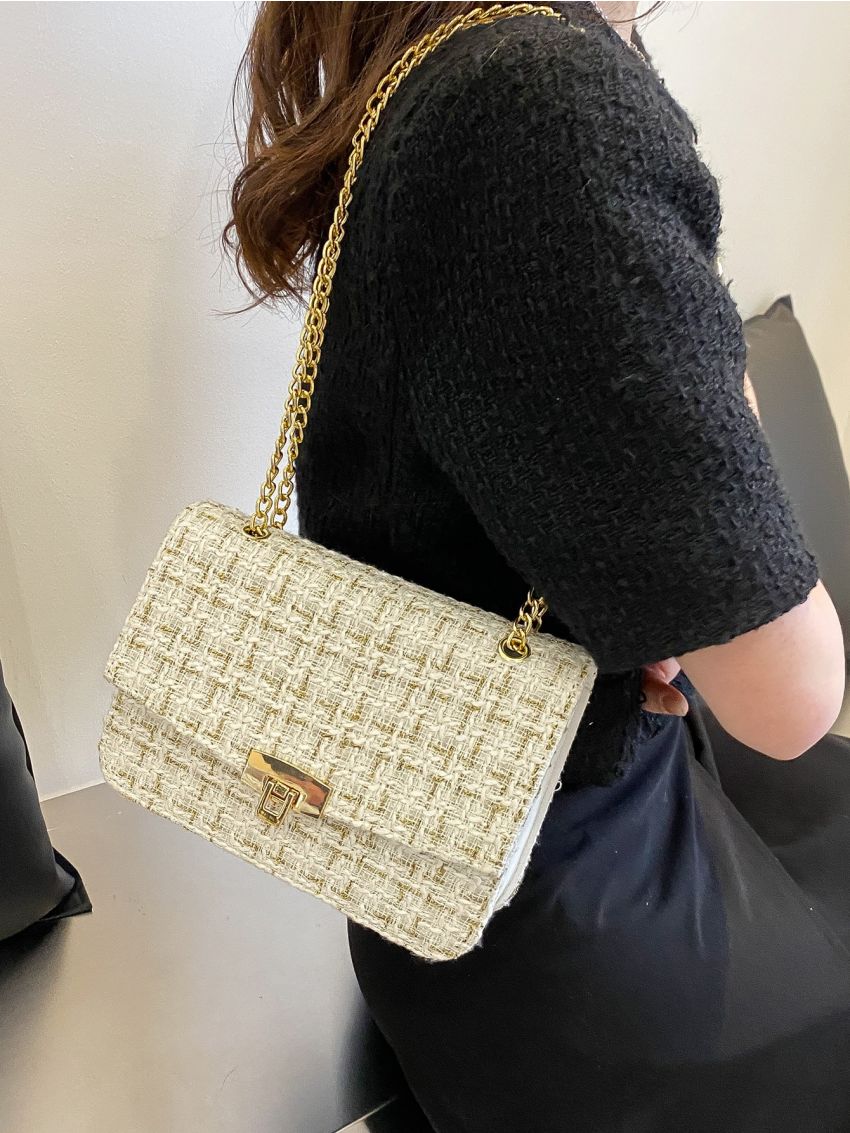 Plaid Pattern Flap Chain Tweed Square Bag