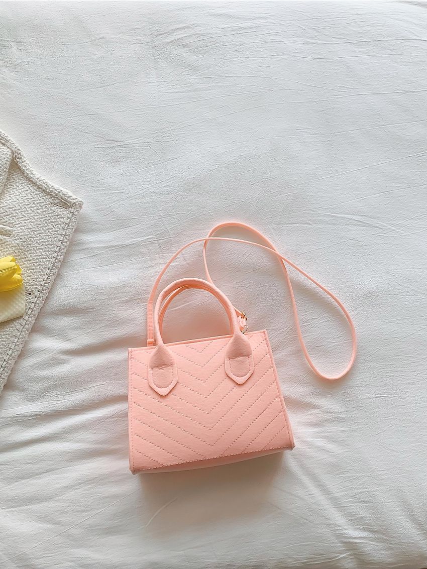 Chevron Pattern Felt Square Bag With Pom Pom Charm