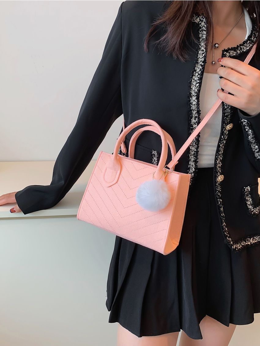 Chevron Pattern Felt Square Bag With Pom Pom Charm