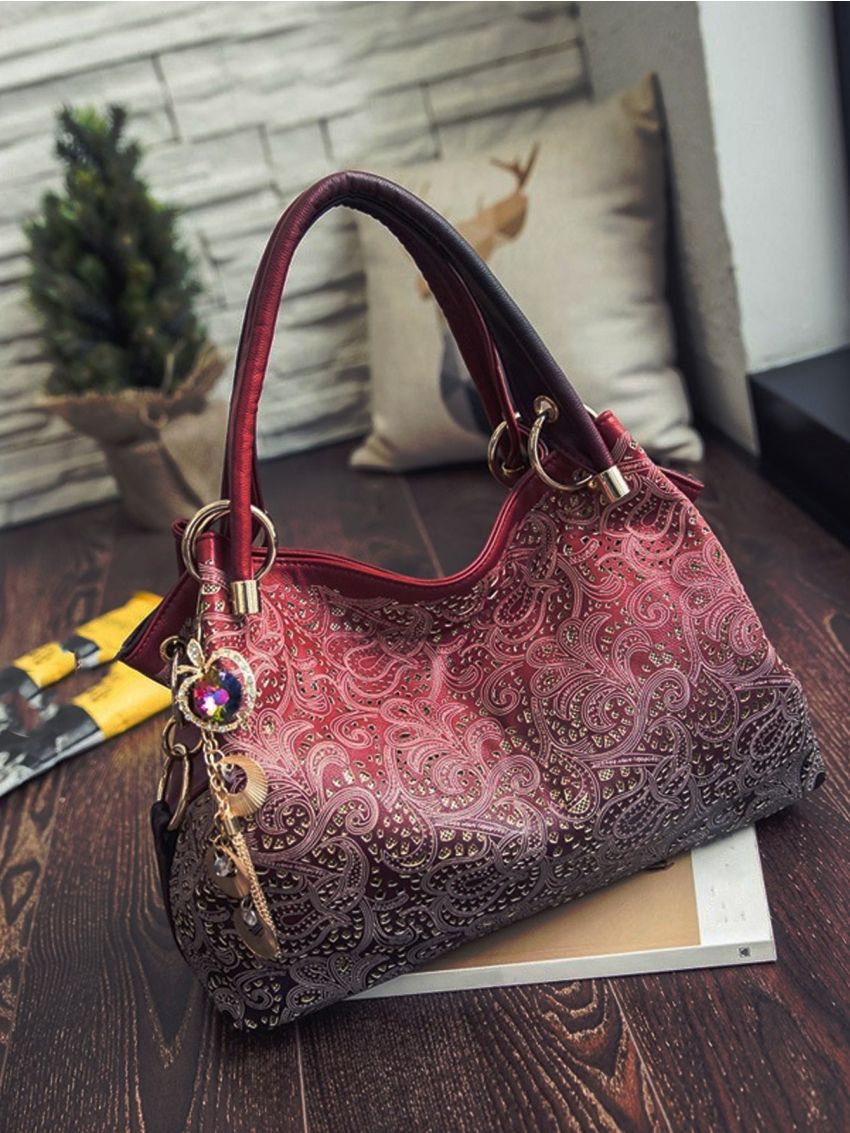 Plant Pattern Hollow Out Shoulder Tote Bag With Bag Charm