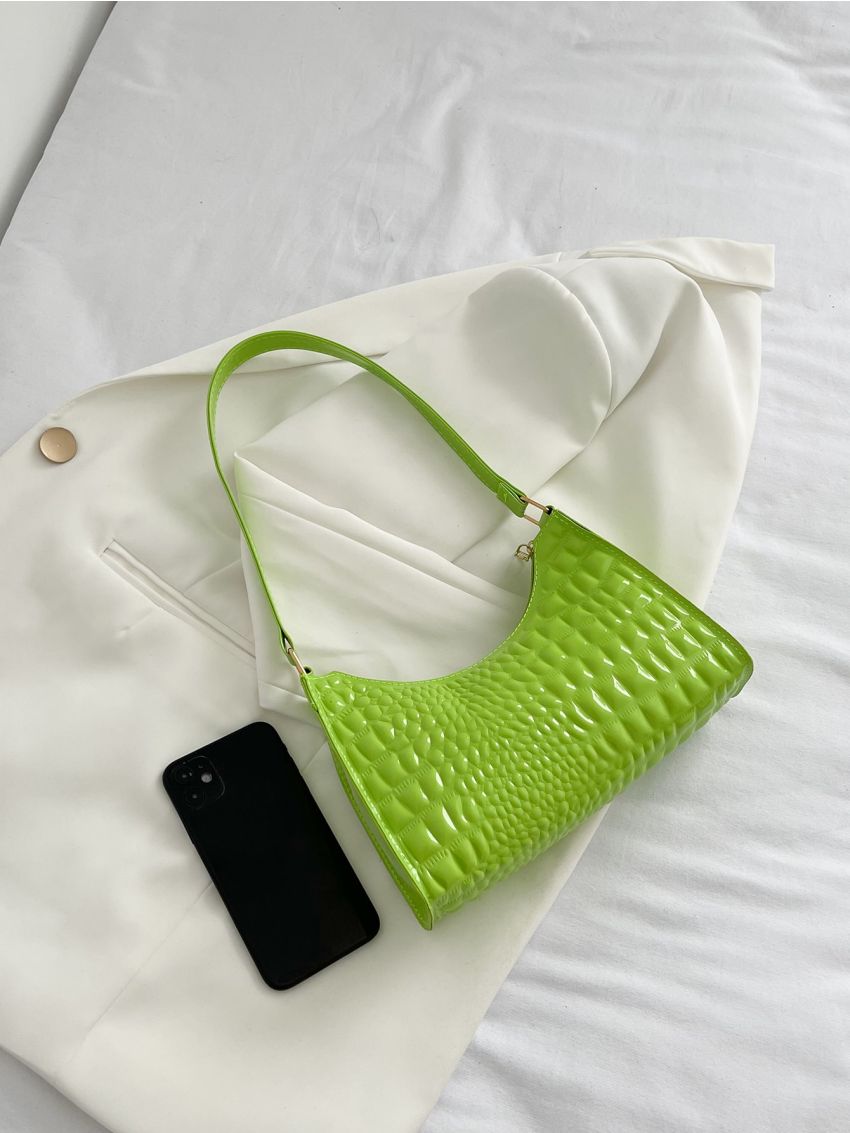 Neon-Green Crocodile Embossed Artificial Patent Leather Baguette Bag