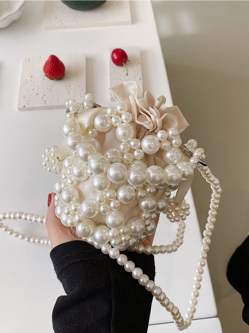 Mini Faux Pearl Decor Drawstring Design Satchel Bag