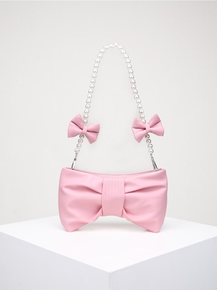 Bow & Faux Pearl Decor Ruched Bag