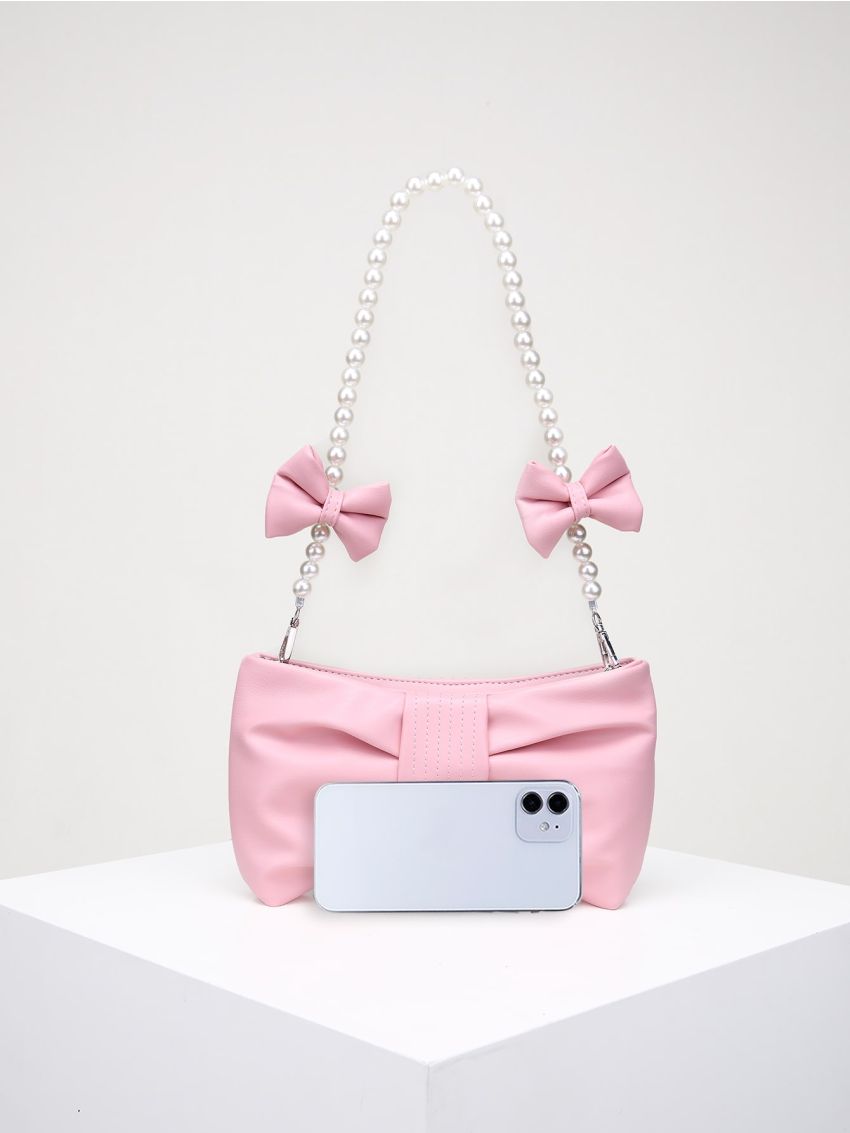 Bow & Faux Pearl Decor Ruched Bag
