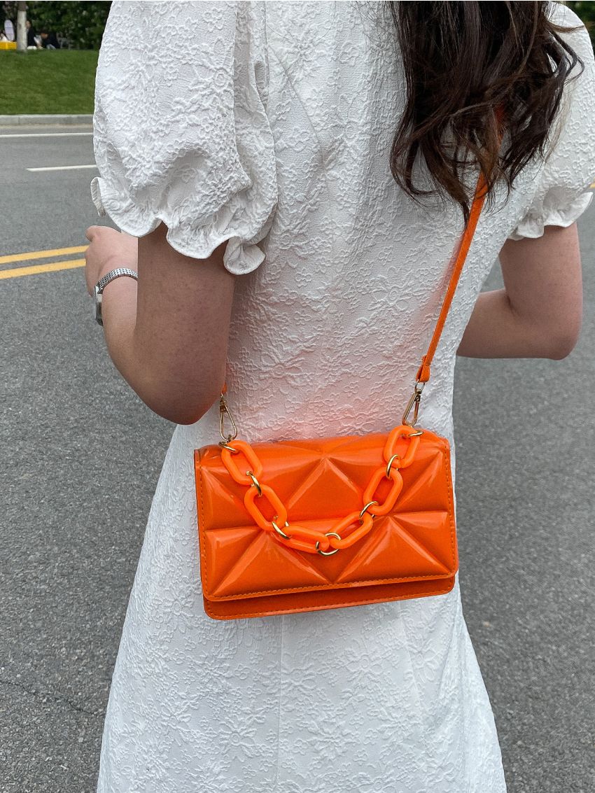 Mini Neon Orange Chain Decor Flap Square Bag