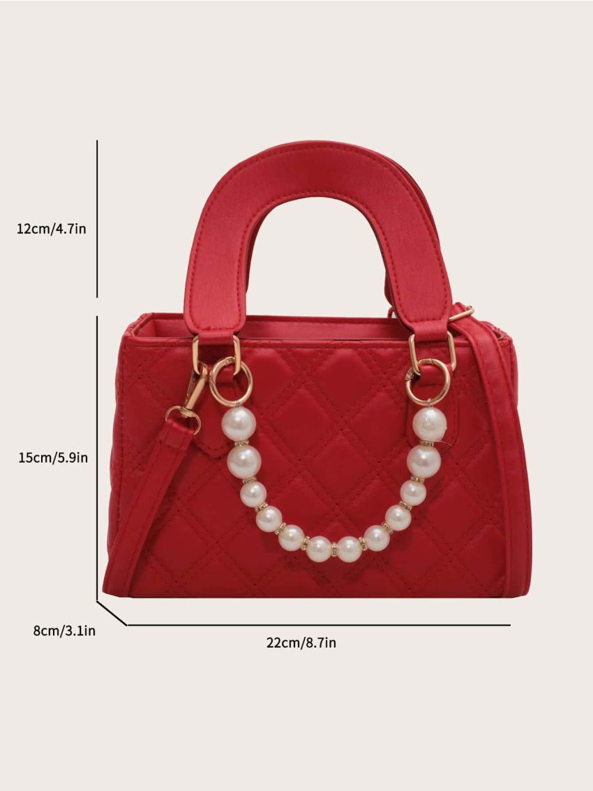 Faux Pearl Decor Argyle Quilted Square Bag