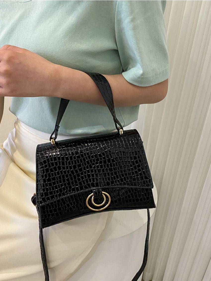 Crocodile Embossed Flap Square Bag