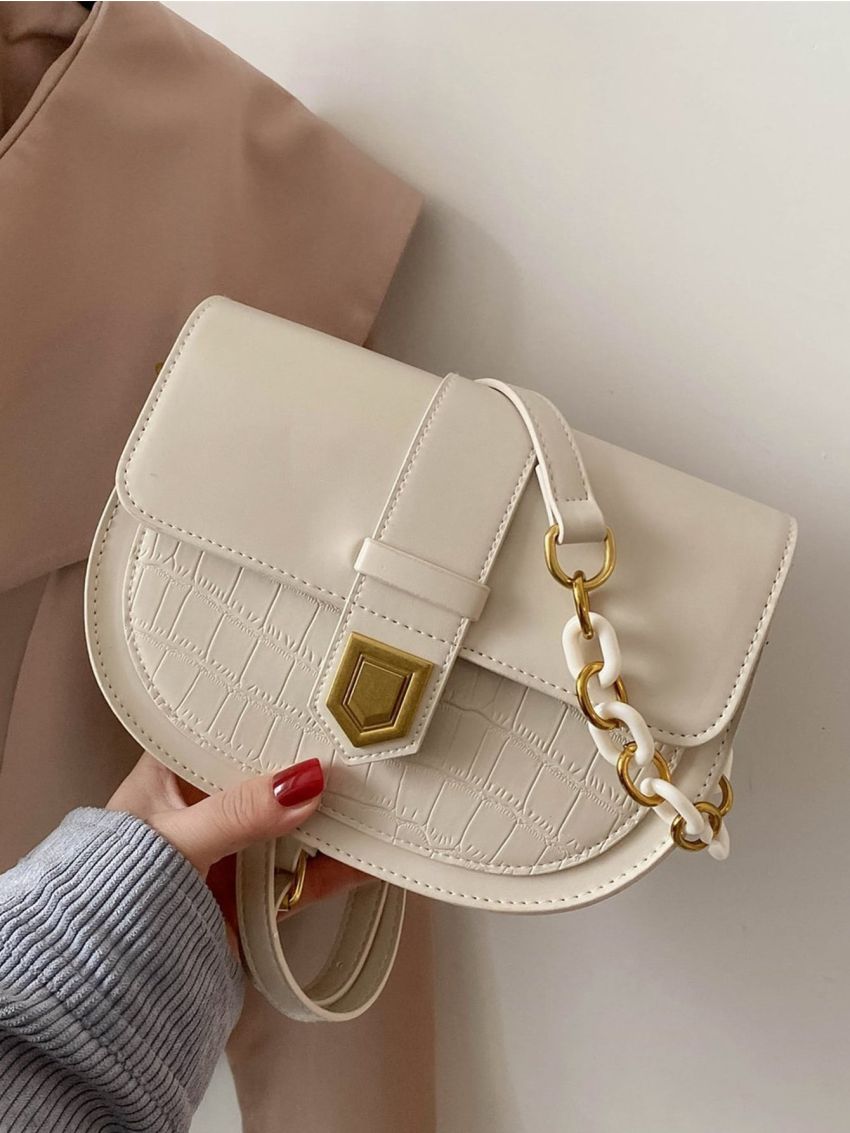 Crocodile Embossed Metal Lock Chain Decor Flap Saddle Bag