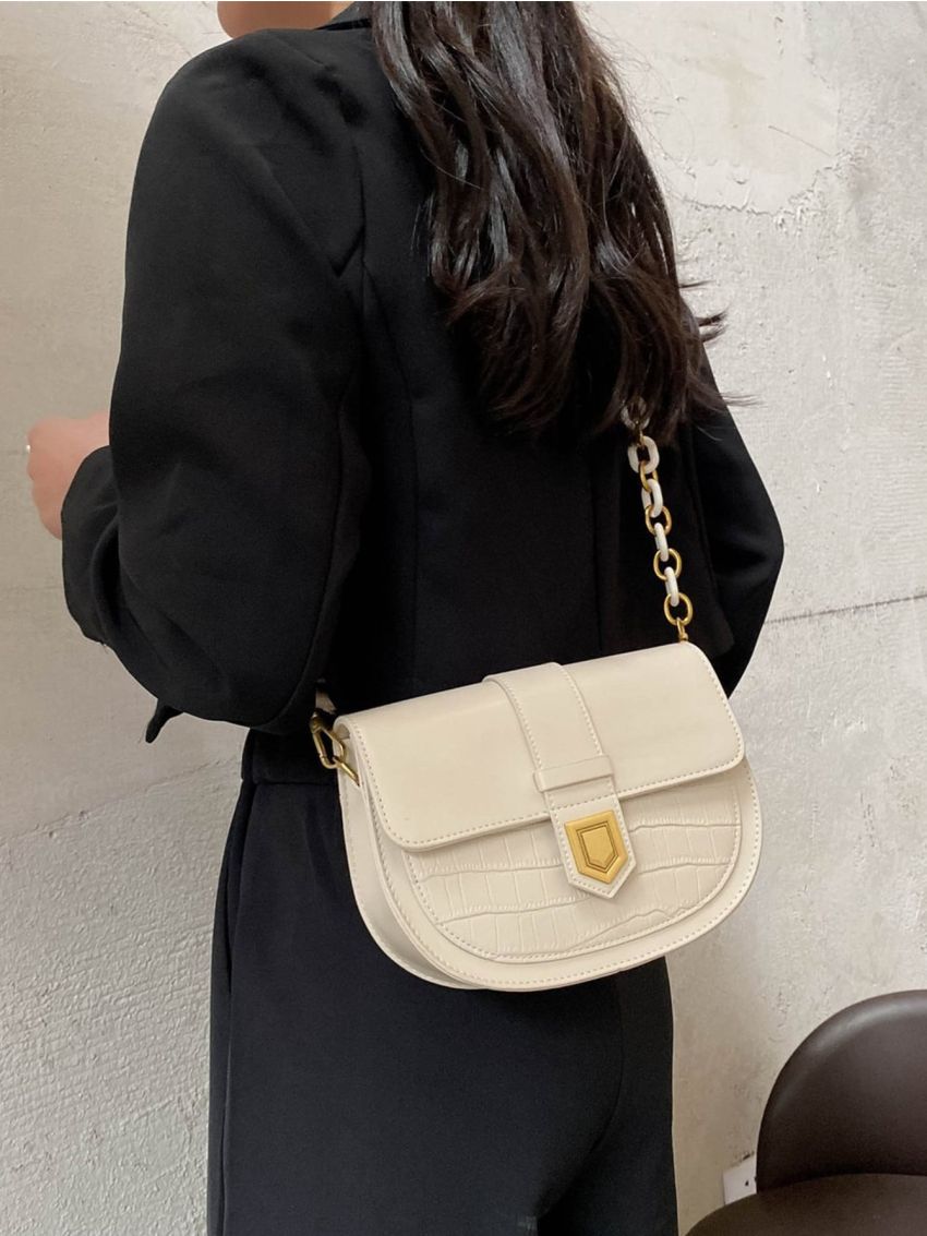 Crocodile Embossed Metal Lock Chain Decor Flap Saddle Bag