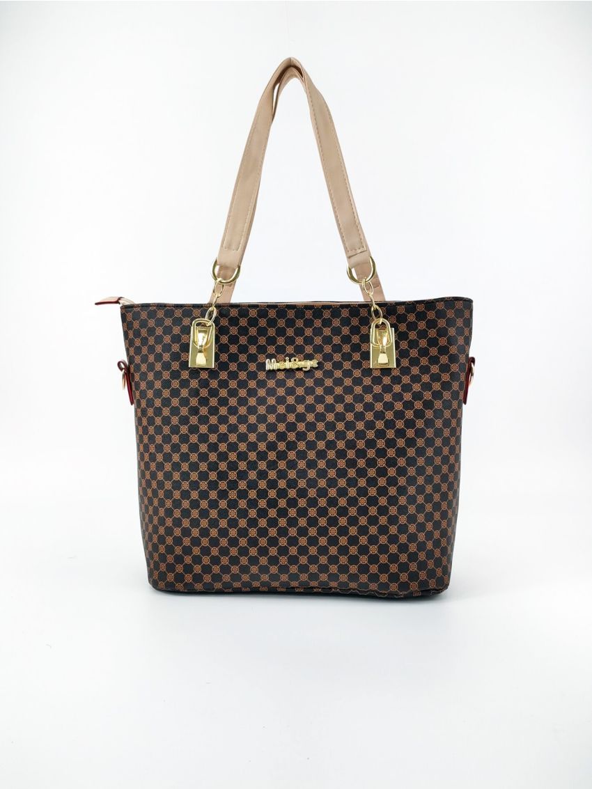 6pcs Fashion Geometric Pattern Tote Bag Set Metal Decor Double Handle Zipper PU