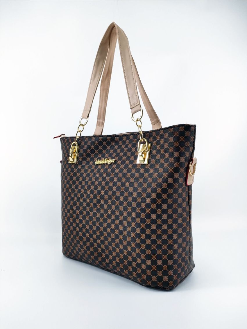 6pcs Fashion Geometric Pattern Tote Bag Set Metal Decor Double Handle Zipper PU