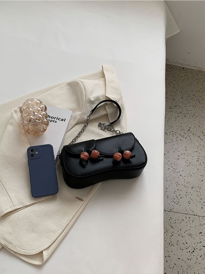 Bead Decor Flap Chain Baguette Bag