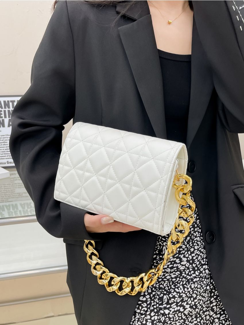 Quilted Chain Flap Square Bag