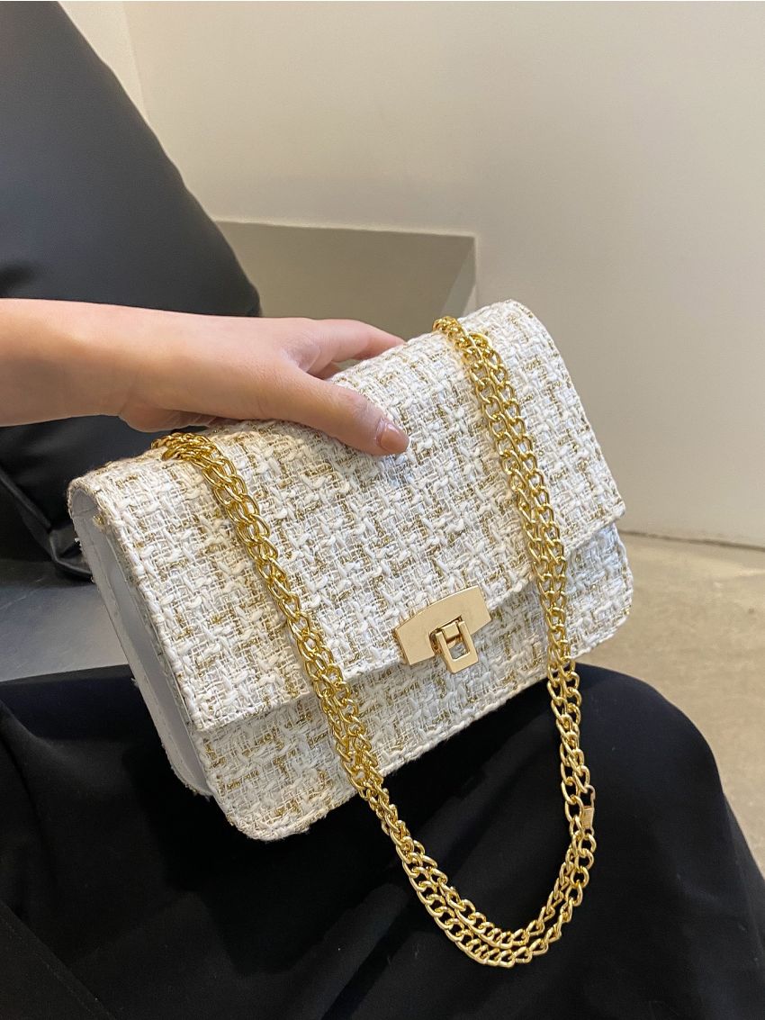 Plaid Pattern Flap Chain Tweed Square Bag